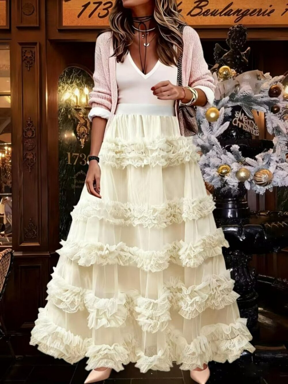 NEW! BOHO Tulle LAYERED Motif TIERED MAXI SKIRT SZ L